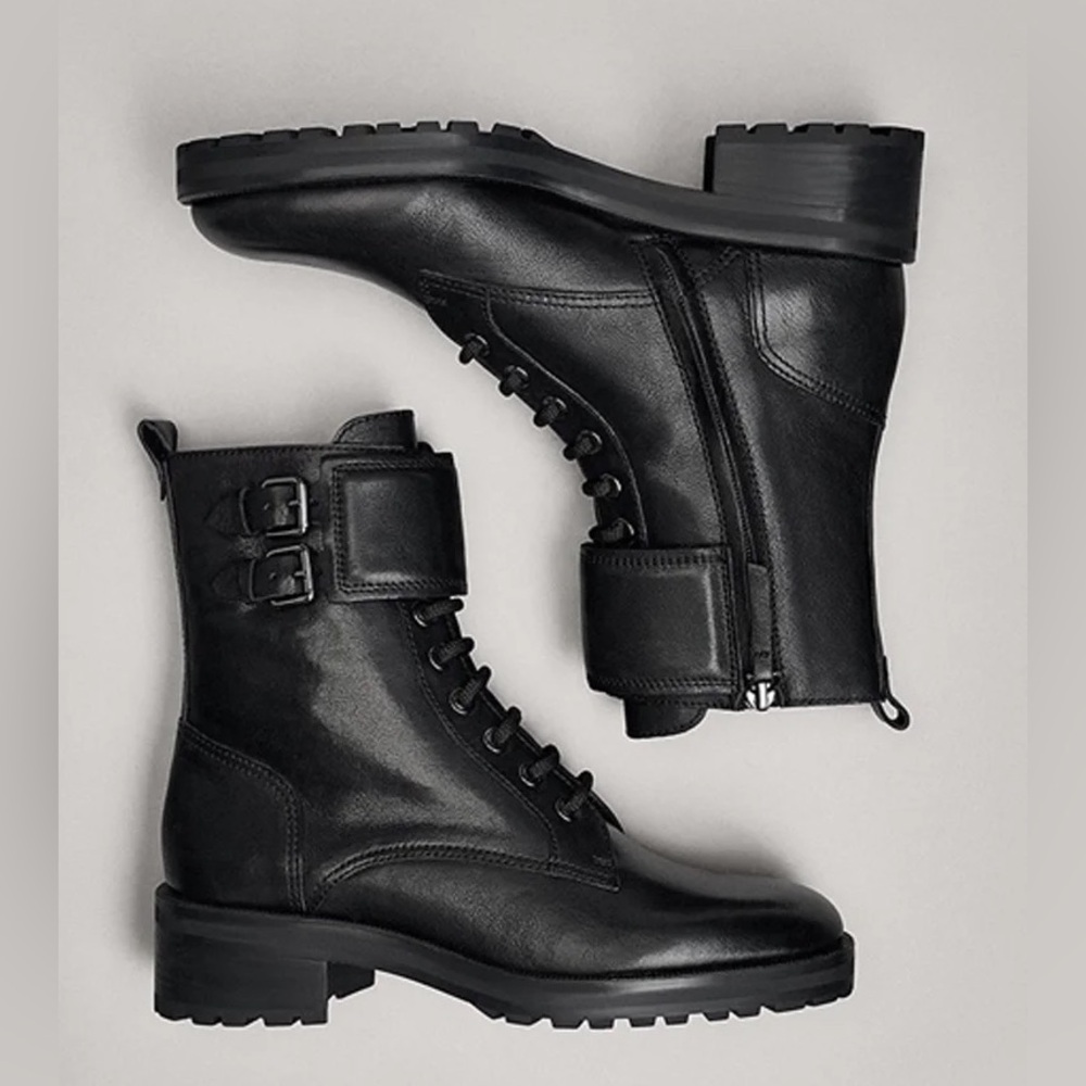 Massimo Dutti Leather Combat Boots with double buckles Vintage